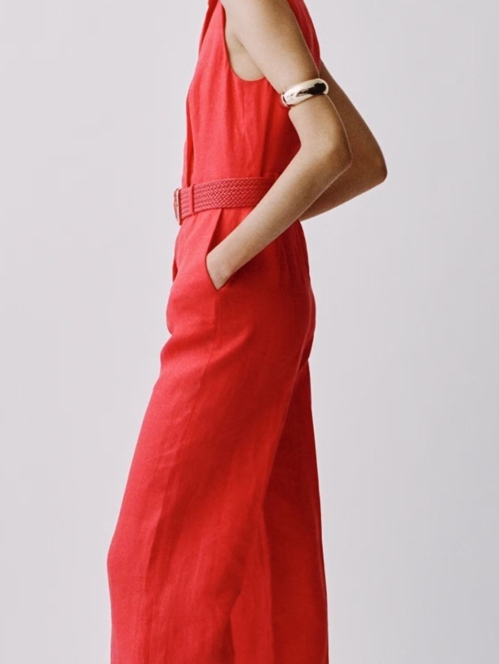 Mango Linen Red Wide-Leg Jumpsuit with Woven Belt Size Medium NEW - Picture 3 of 5